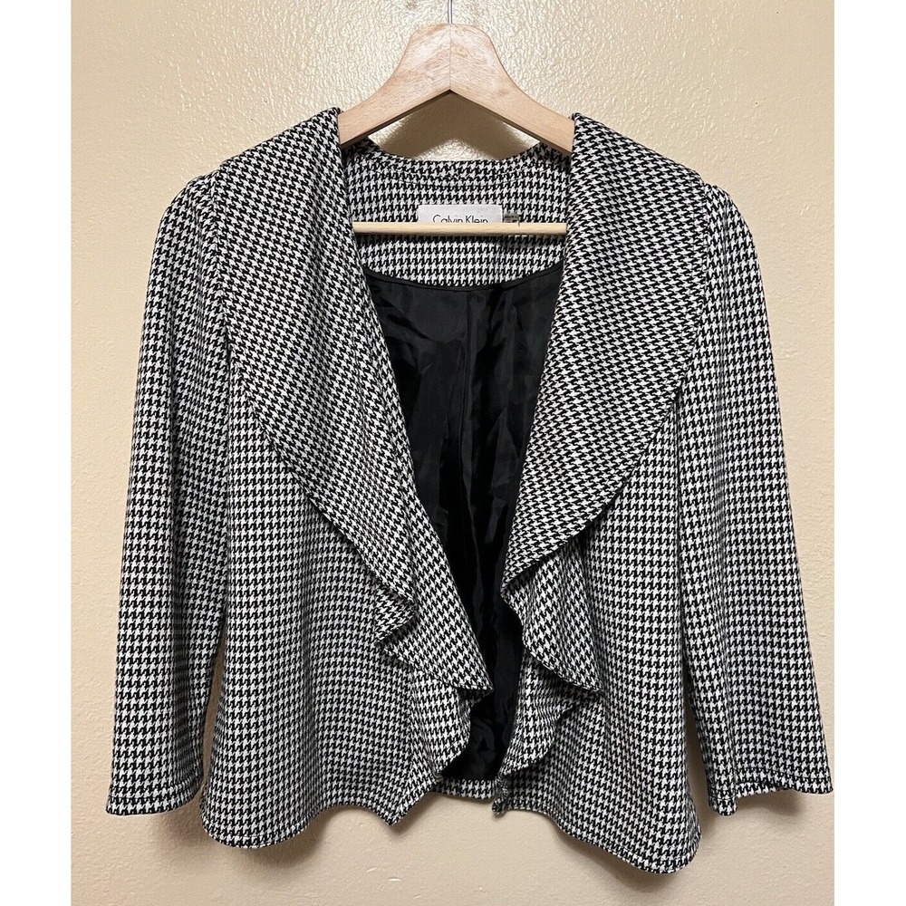 Calvin Klein Houndstooth Open Cropped Blazer Black and White Women's Size 6P‎